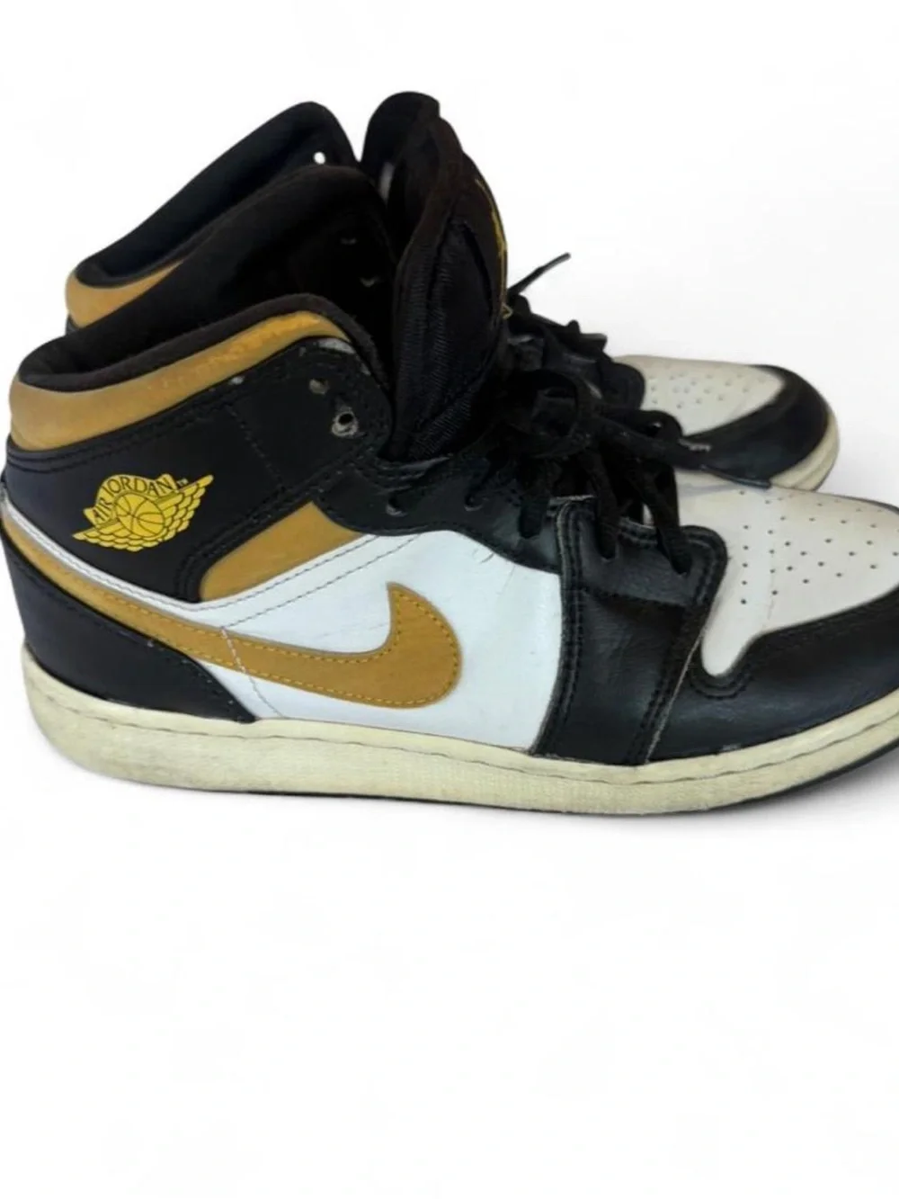Womans Nike Air Jordan 1 Mid Black White Gold/Yellow Sneakers
